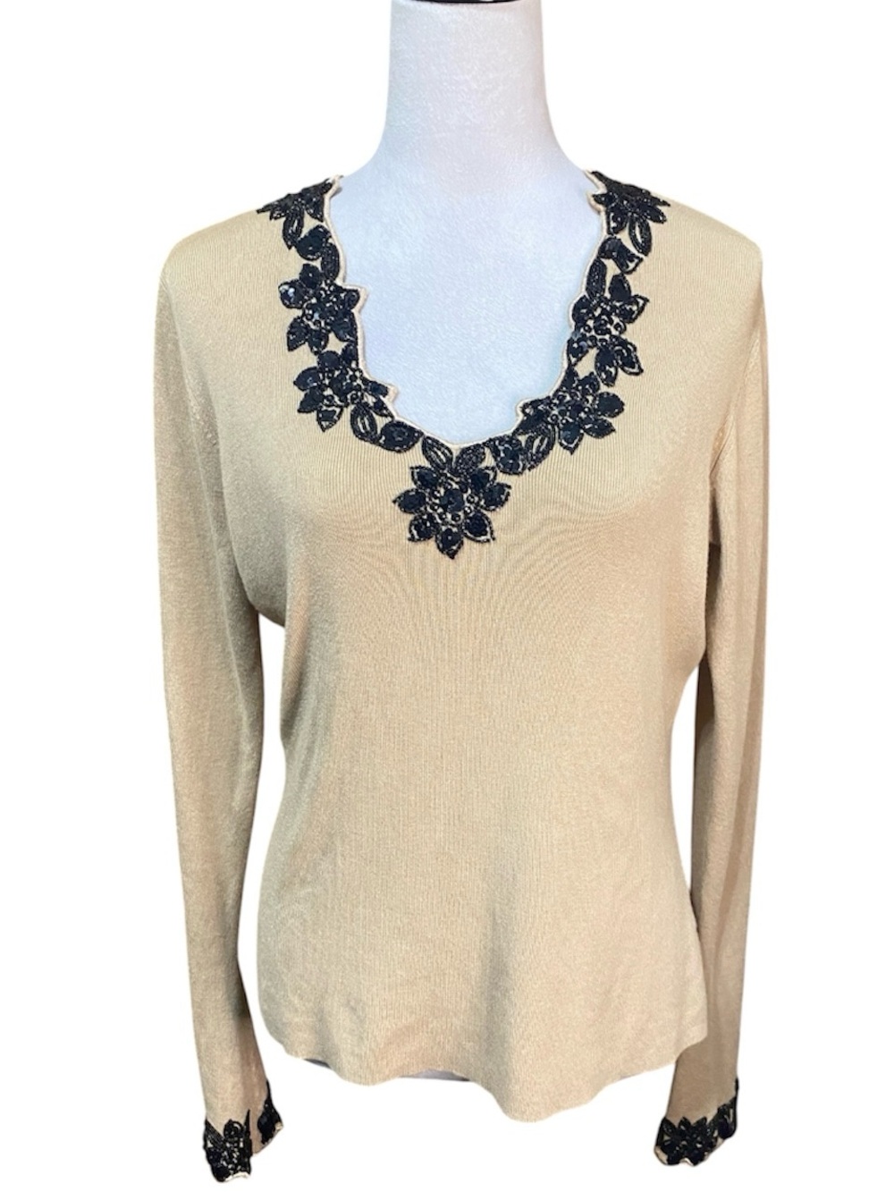 Karen Kane Sweater with Black Floral Embellishments